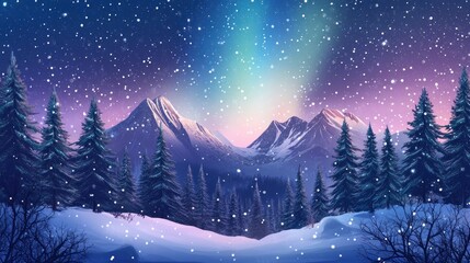 Poster - Snowy Mountains and Pine Trees Under a Northern Lights Display
