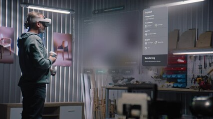 Fototapete - Modern workshop: Designer or artisan wearing virtual reality headset assembles chair using app with AI-based user interface. 3D visualization of holographic furniture. Augmented reality. VFX animation