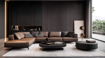 Wall Mural - Modern Brown Leather Sectional Sofa In Dark Room