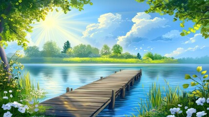 Poster - Sunny Day Wooden Dock Lakeside Peaceful Scene