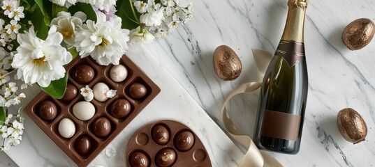 Wall Mural - Luxurious Easter Gift Set with Handcrafted Chocolate Eggs and Champagne on Marble Surface