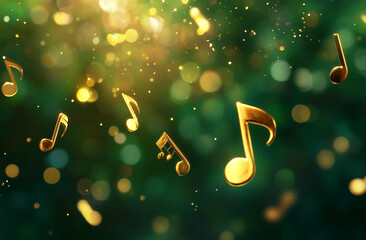 Aufkleber - Golden musical notes float in the air against a shimmering green background