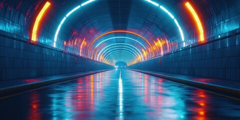 Poster - Neon Lit Tunnel Roadway Night Scene