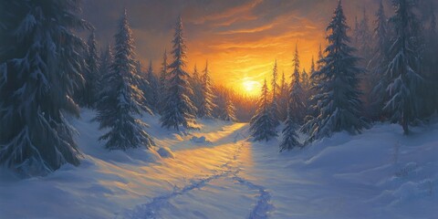 Poster - Winter Sunset Path Through Snowy Forest