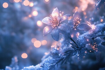 Poster - Sparkling Winter Flowers Illuminated By Lights