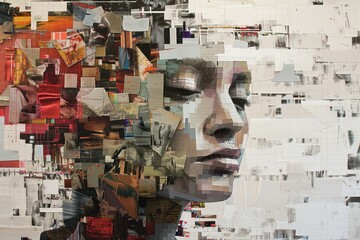 Poster - Artwork showcasing a female face composed of collage elements, blending various photographs and textures, emphasizing depth and emotion in a contemporary art style