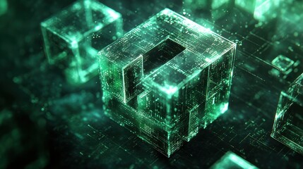 Fototapete - Glowing Green Cubes Digital Data Network Structure