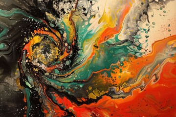 Leinwandbilder - Vibrant swirl of colors depicting an abstract cosmic scene with bold brushstrokes blending orange, green, and black tones