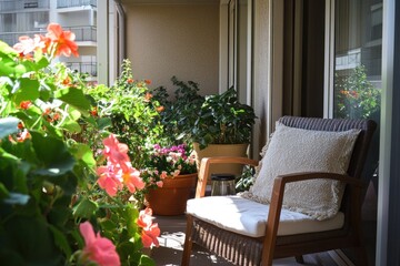 Poster - Sunny Balcony Oasis With Flowers And Comfortable Chair