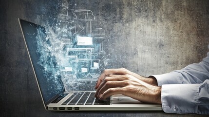 Poster - Hands Typing on Laptop with Digital Design Elements Emerging