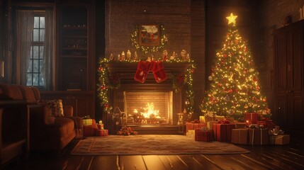 Wall Mural - Cozy Christmas Living Room Fireplace And Tree