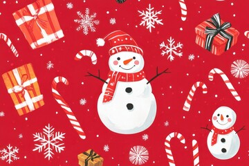 Poster - Festive Snowman Scene With Gifts And Candy Canes