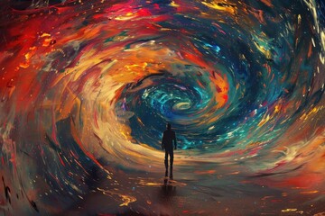 Leinwandbilder - Vibrant cosmic whirlpool envelops a lone figure standing on a reflective surface under swirling colors