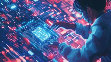 Fototapete - Woman Interacting With Futuristic Circuitry Technology