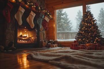 Wall Mural - Cozy Christmas Fireplace Scene With Snow Falling Outside