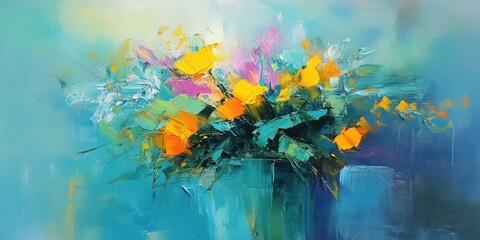 Wall Mural - Vibrant Yellow Flowers in a Teal Vase Abstract Painting