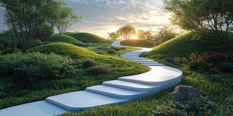 Poster - Serene Pathway Ascending Gentle Hills Towards Sunset