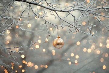 Poster - Frosty Branches Hold A Golden Christmas Ornament