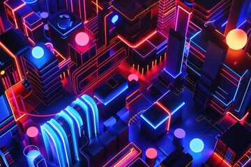 Poster - Vibrant neon cityscape with glowing lines and shapes illuminating a futuristic urban environment at night