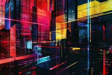 Poster - Vibrant neon cityscape with glowing lines and shapes illuminating a futuristic urban environment at night