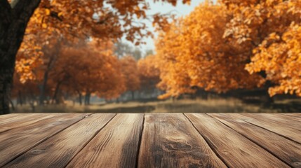 Poster - Wooden Tabletop Autumn Forest Background