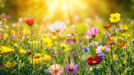 Poster - Sunlit Wildflowers Bloom In Vibrant Meadow