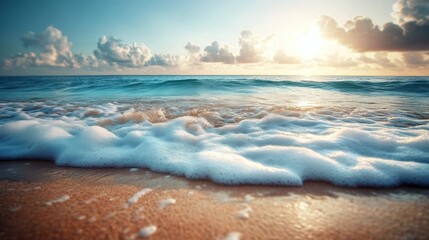 Sticker - Ocean Waves Crashing on Sandy Beach at Sunrise