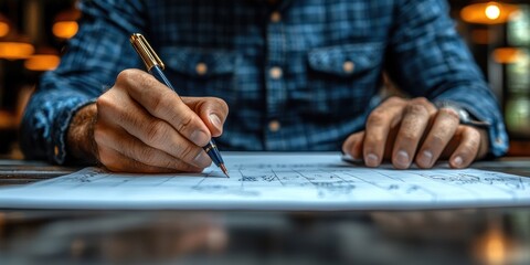 Poster - Person writing notes with a gold pen on paper