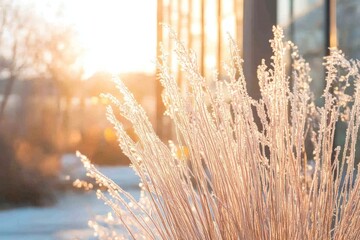 Sticker - Frost Covered Grass Blades In Morning Sunlight