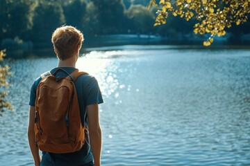 Poster - Young Man Backpack Lake Contemplation Peaceful Nature Scene