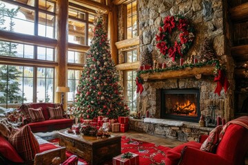 Wall Mural - Christmas Decor In A Rustic Log Cabin Home