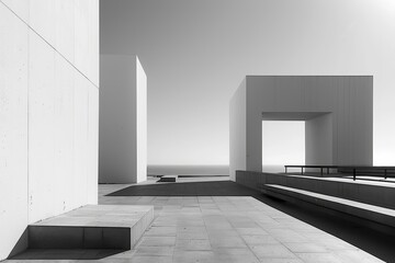 Poster - Modern architectural design featuring geometric shapes with minimalistic style under a clear sky in monochromatic tones