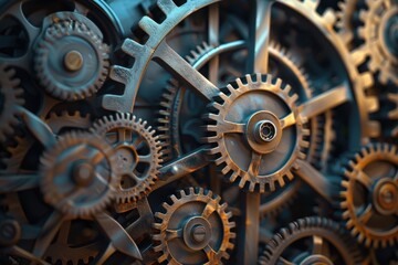 Leinwandbilder - Gears and cogs arranged artistically in a complex pattern showcasing a blend of teal and gold colors against a dark background