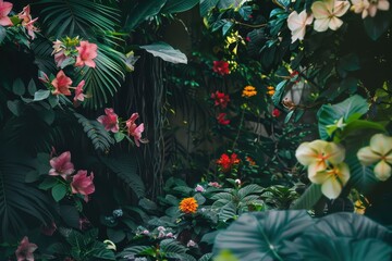 Wall Mural - Lush tropical garden with vibrant flowers and gentle stream in a serene natural setting