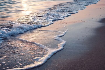 Poster - Gentle waves lap against a sandy shore under bright sunlight near a tranquil ocean