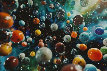 Leinwandbilder - Colorful spheres floating in a cosmic space filled with a vibrant galaxy backdrop, creating an illusion of depth and movement