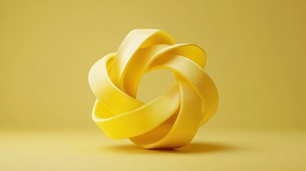 Abstract yellow 3D rendered geometric shape, interwoven rings, minimal design.