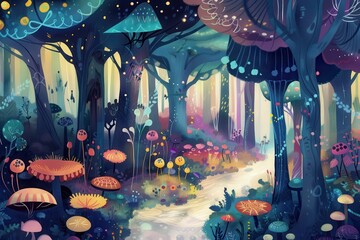 Poster - Enchanted forest path with vibrant flowers and glowing tree trunks during twilight hours