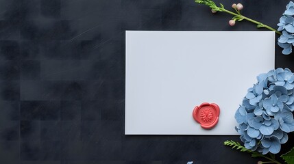 Wall Mural - Minimalistic invitation card with red wax seal, elegant floral arrangement, blank white card, hydrangea flowers, dark textured background, luxury stationery, copy space for text, modern aesthetic