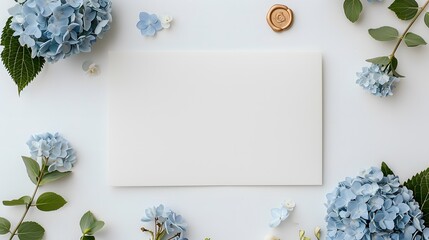 Wall Mural - Blank white card with gold wax seal, surrounded by blue hydrangeas and green leaves, flat lay floral arrangement, soft white background, elegant minimalistic design, copy space for text