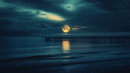 Wall Mural - Serene Night Scene with Pier and Large Moon