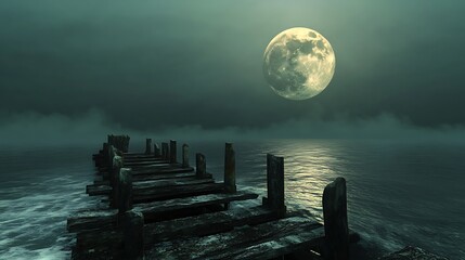 Wall Mural - Old Wooden Pier Under A Full Moon Night