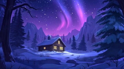 Poster - Cozy Cabin nestled in snowy mountains under aurora borealis