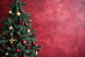 Sticker - Decorated Christmas Tree Against Red Wall Background