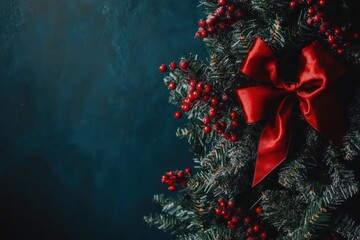 Poster - Festive Christmas Tree Decorated With Red Berries And Bow
