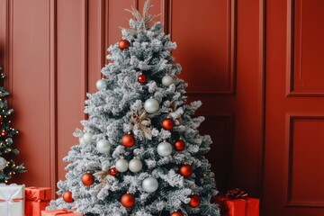 Wall Mural - Snow Covered Christmas Tree With Red And Silver Ornaments