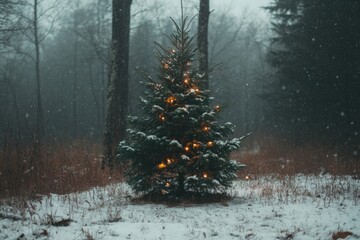 Poster - Snowy Forest Christmas Tree Lights Winter Scene