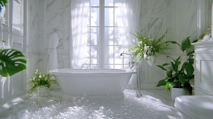 Wall Mural - Luxurious White Bathroom With Bubble Bath And Plants