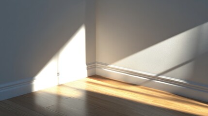 Poster - Sunlit Corner Shows Wood Floor And White Baseboards