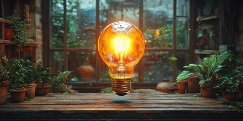 Aufkleber - Glowing Lightbulb Above Wooden Table With Plants